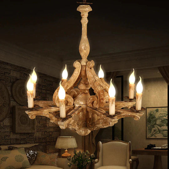 Wooden Candle Chandelier Lamp Rustic 8 - Head Restaurant Pendant Ceiling Light In Distressed White