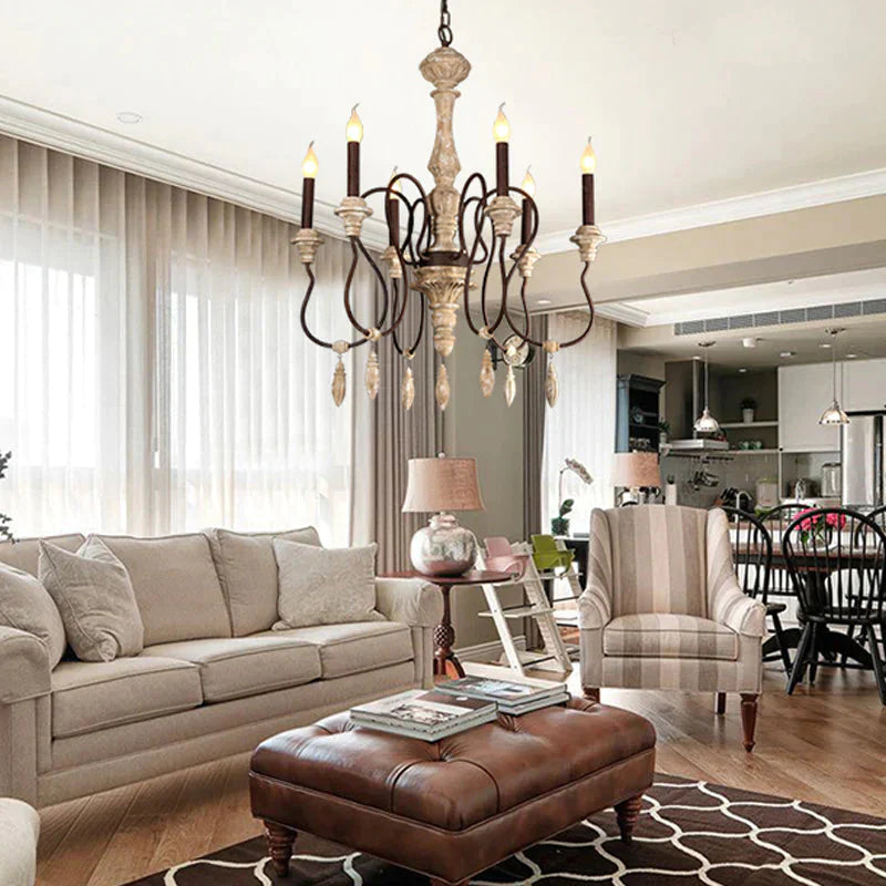 Traditional Candelabra Hanging Pendant 6 Lights Wooden Ceiling Chandelier In Ivory For Living Room