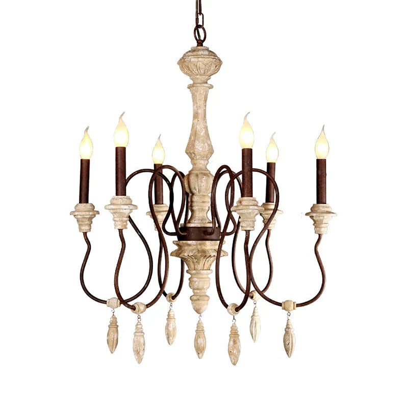 Traditional Candelabra Hanging Pendant 6 Lights Wooden Ceiling Chandelier In Ivory For Living Room