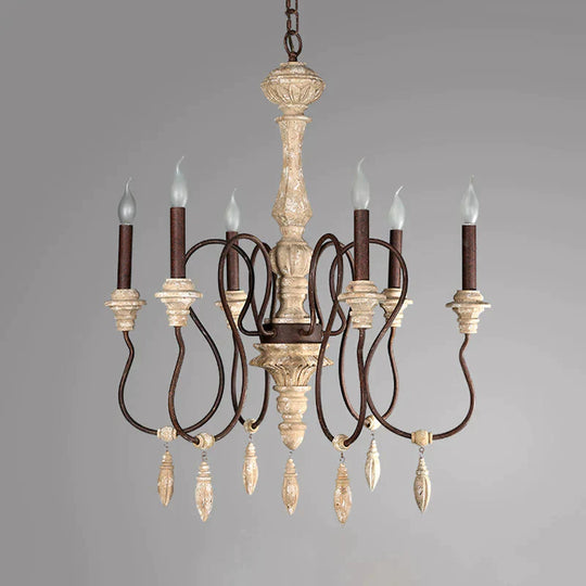 Traditional Candelabra Hanging Pendant 6 Lights Wooden Ceiling Chandelier In Ivory For Living Room