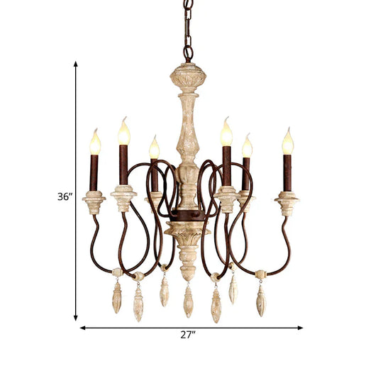 Traditional Candelabra Hanging Pendant 6 Lights Wooden Ceiling Chandelier In Ivory For Living Room