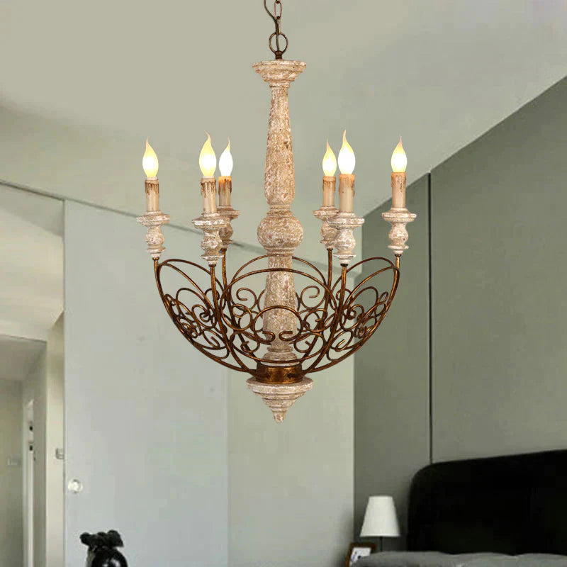 Brass 6 Lights Chandelier Lighting Rustic Wooden Candelabra Pendant Lamp For Living Room