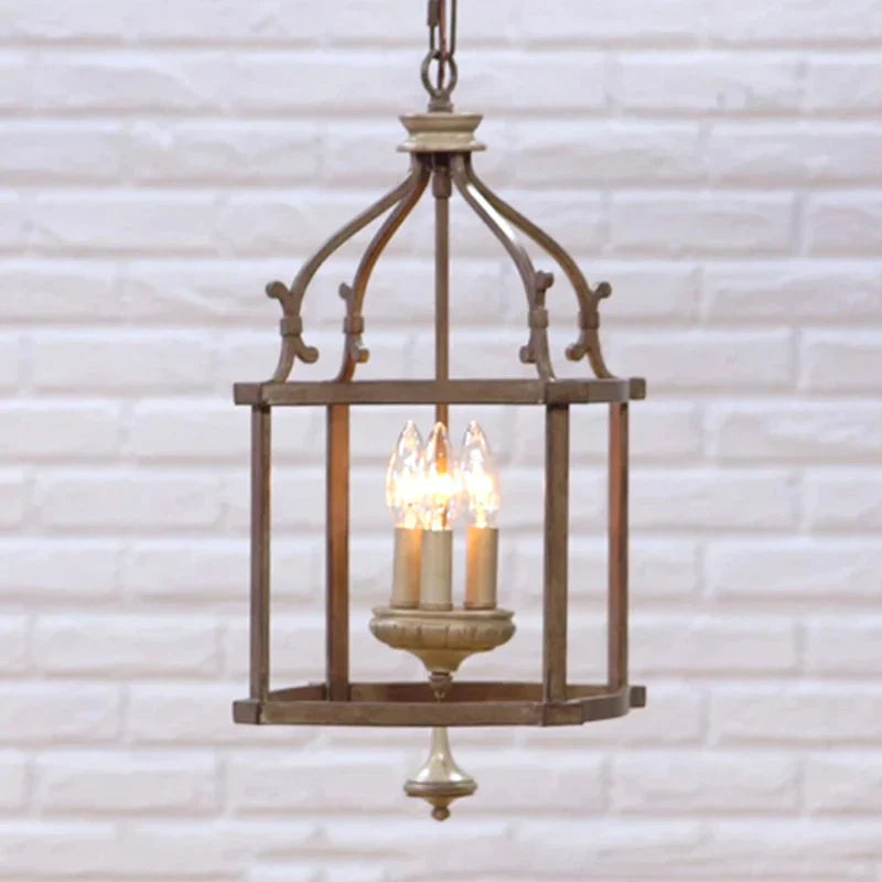 Traditional Wooden Birdcage Hanging Lamp 3 Bulbs Metal Chandelier Light Fixture In Rust For Living