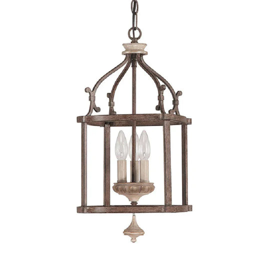 Traditional Wooden Birdcage Hanging Lamp 3 Bulbs Metal Chandelier Light Fixture In Rust For Living