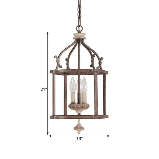 Traditional Wooden Birdcage Hanging Lamp 3 Bulbs Metal Chandelier Light Fixture In Rust For Living