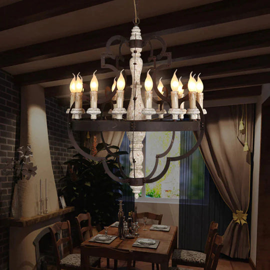 Wooden Brown Hanging Chandelier Candle 15 Bulbs Traditional Pendant Light Fixture For Dining Room