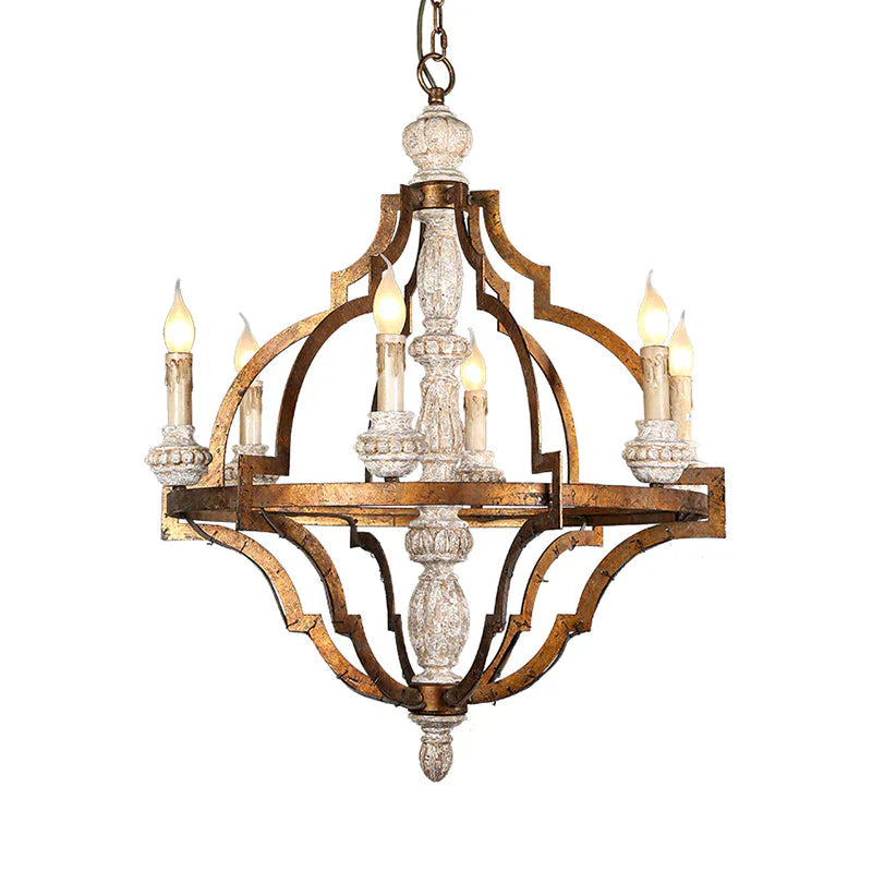 Vintage Candle Shape Hanging Pendant 6 Lights Wood Ceiling Chandelier In Antique Brass For Dining