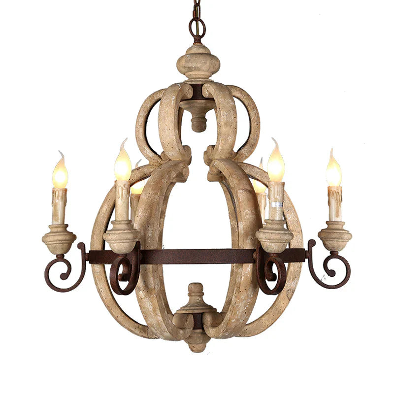 6 - Light Chandelier Light Antique Living Room Suspension Pendant With Candle Wood In Beige