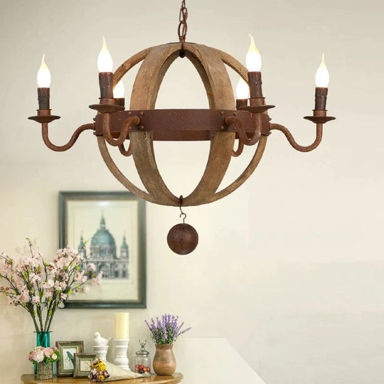 Globe Wooden Ceiling Light Traditional 6/8 - Bulb Dining Room Pendant Chandelier In Brown