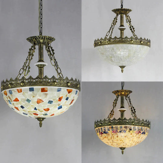 Stained Glass Bowl Pendant Light With Metal Chain Vintage Hanging Ceiling In White/Beige/Orange -