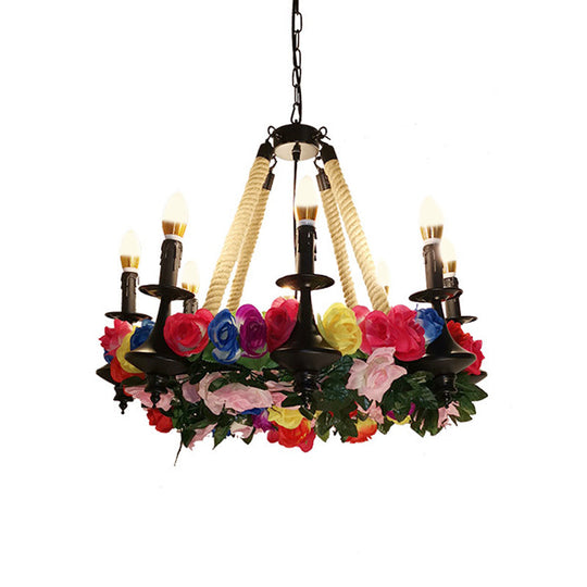 Lara - Vintage Candle Chandelier Light Fixture 6 Heads Hemp Rope Led Flower Pendant Lamp In Black