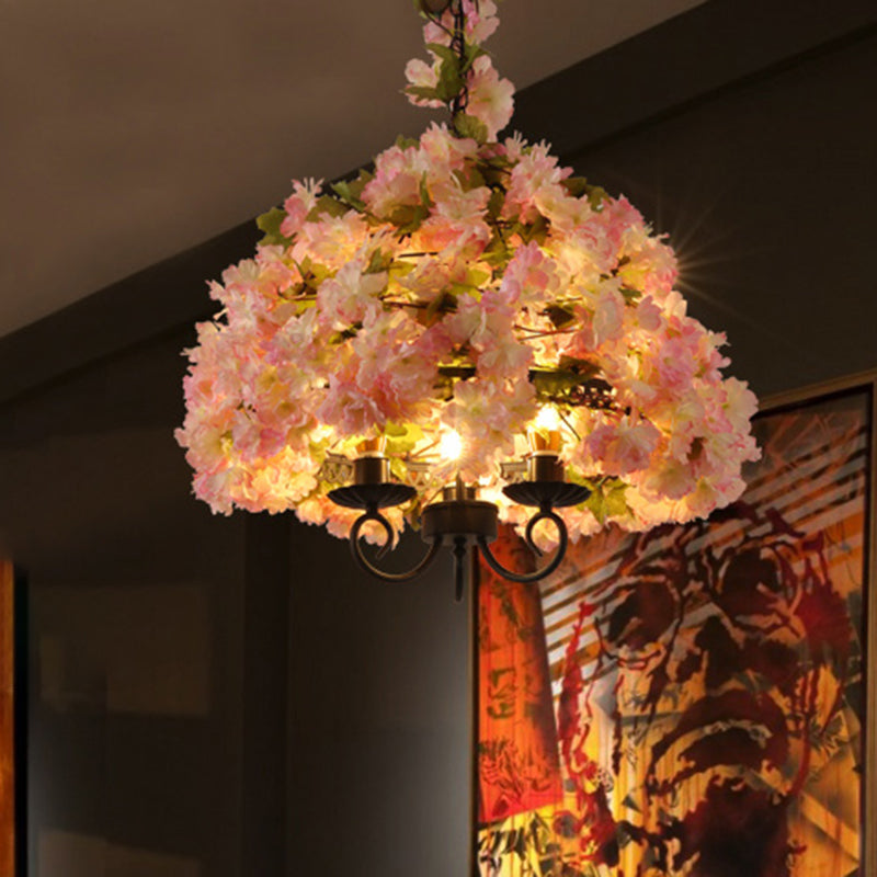 Layla - Vintage Bowl Chandelier Light Fixture 3 Heads Metal Flower Pendant Lamp In Pink For