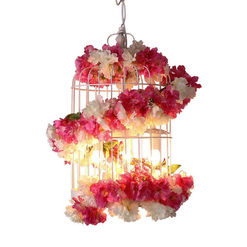Francesca - Rose Antique Birdcage Ceiling Chandelier 3 Bulbs Metal Flower Drop Lamp In Red For