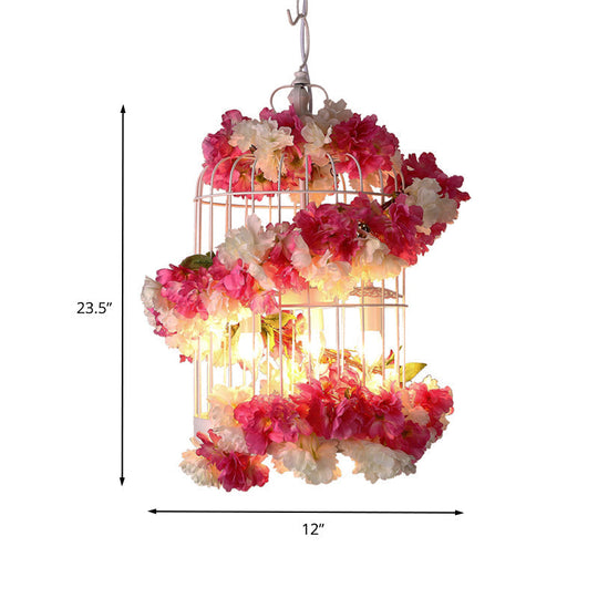 Francesca - Rose Antique Birdcage Ceiling Chandelier 3 Bulbs Metal Flower Drop Lamp In Red For