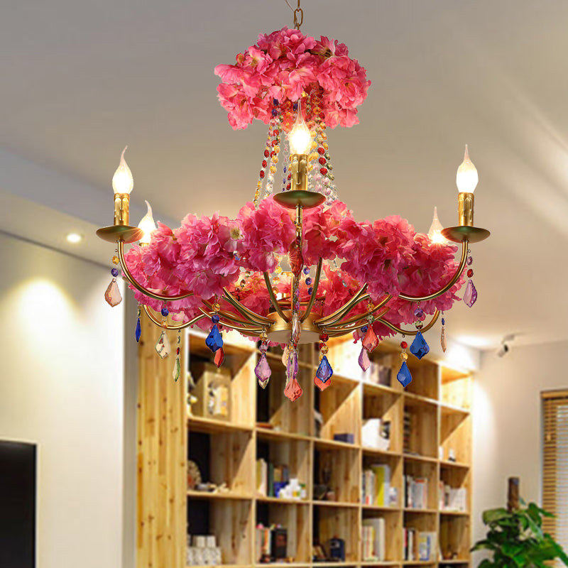 Matilde - Metal Pink Flower Chandelier Lamp Candelabra 6 Bulbs Antique Led Hanging Ceiling Light