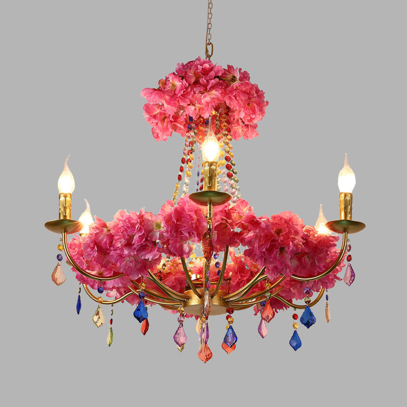 Matilde - Metal Pink Flower Chandelier Lamp Candelabra 6 Bulbs Antique Led Hanging Ceiling Light