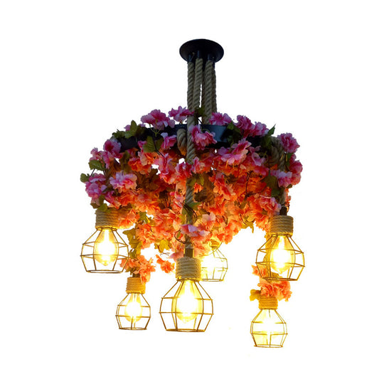 Nicole - Vintage Metal Pink Chandelier Light Bare Bulb 6 Bulbs Led Drop Pendant With Cherry Blossom