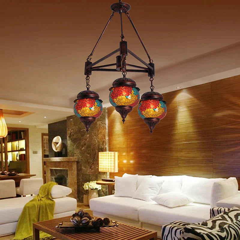 3 Bulbs Ball Chandelier Pendant Lighting Traditional Red - Yellow - Blue Glass Hanging Lamp Kit For