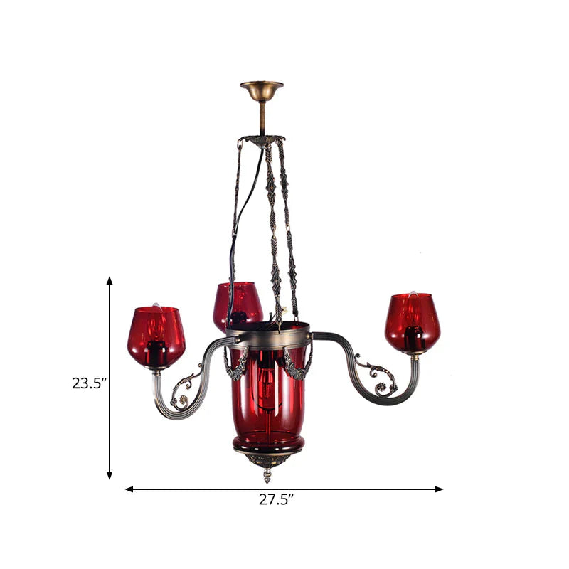 Red Glass Black Ceiling Chandelier Cup Shaped 4 Heads Art Deco Suspension Pendant Light