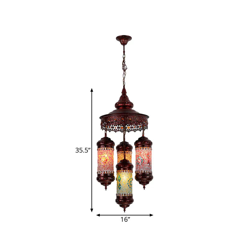 Copper Cylinder Chandelier Lighting Art Deco Stained Glass 4 Lights Bar Hanging Pendant Lamp