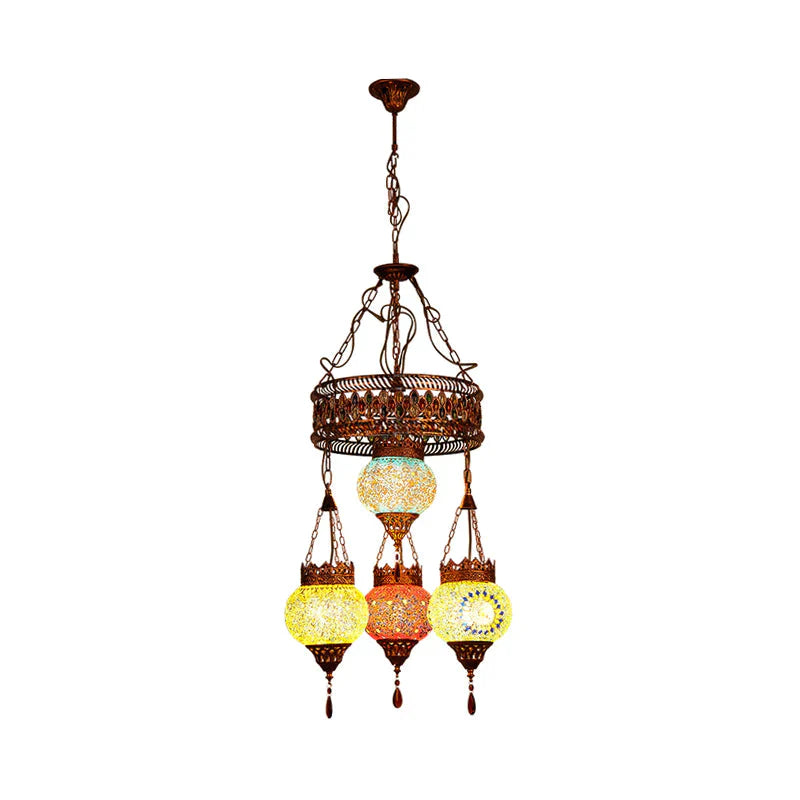 4 Heads Ceiling Chandelier Traditional Lantern Stained Glass Suspension Lighting Fixture In Copper