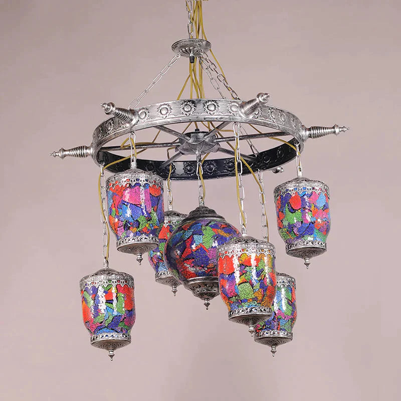 7 Bulbs Purple Glass Chandelier Pendant Art Deco Bronze Gyroscope Restaurant Hanging Lamp With