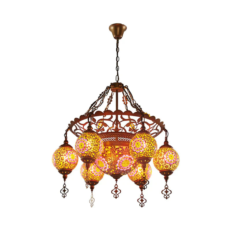 Brass Lantern Chandelier Lamp Traditional Stained Glass 9 Heads Restaurant Suspension Pendant Light