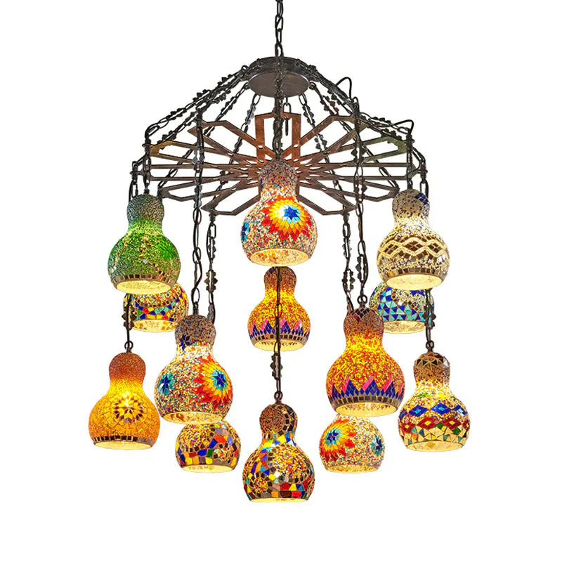 13 Lights Gourd Pendant Chandelier Bohemia Antique Black Stained Glass Hanging Light Kit