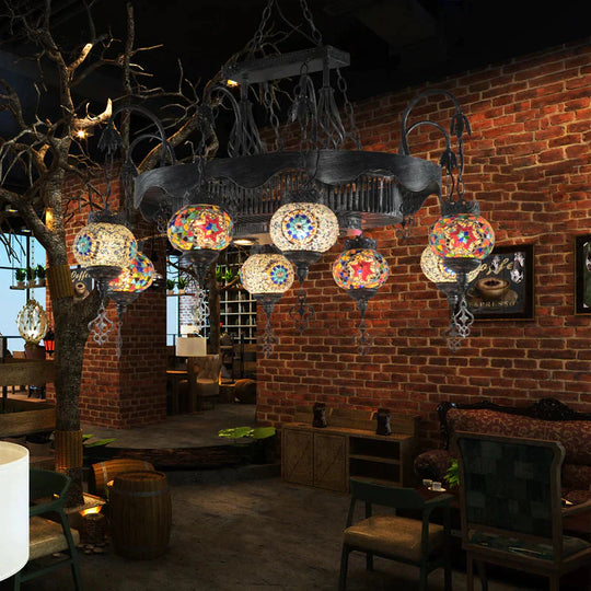 8 Heads Globe Hanging Lighting Bohemia Iron Stained Glass Chandelier Pendant Lamp For Restaurant