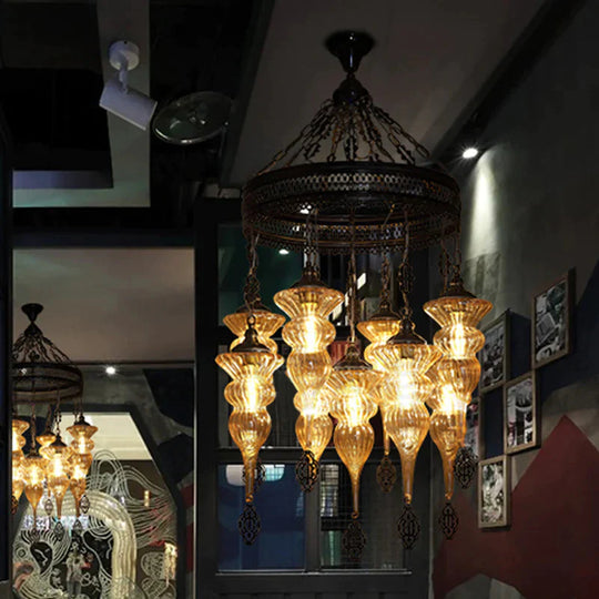 9 Bulbs Pendant Chandelier Traditional Coffee Shop Suspension Lighting Fixture With Jar Tan Ribbing