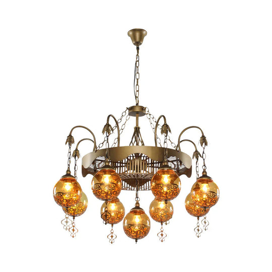 Traditional Ball Chandelier Lighting 9 Heads Tan Glass Suspension Pendant Lamp For Restaurant