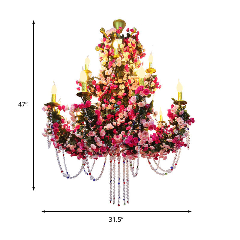 Anna - Antique Candle Ceiling Chandelier 8 Bulbs Metal Led Flower Drop Lamp In Pink For Restaurant