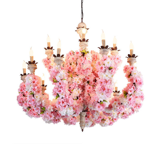 Alessia - Vintage Candle Restaurant Chandelier Light Metal 15 Heads Pink Flower Pendant Lighting
