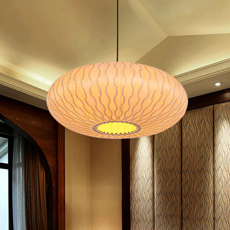 3 Heads Lantern Chandelier Lighting Chinese Wood Ceiling Suspension Lamp In Beige