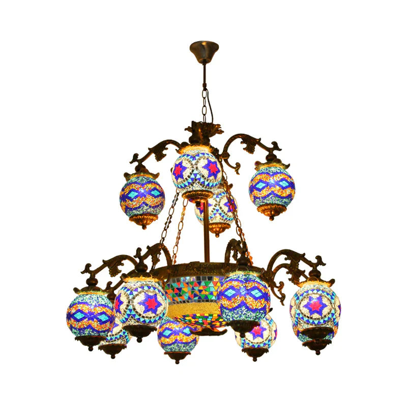 4/9/13 Bulbs Chandelier Lighting Traditional Radial Stained Glass Ceiling Hang Fixture In Brass
