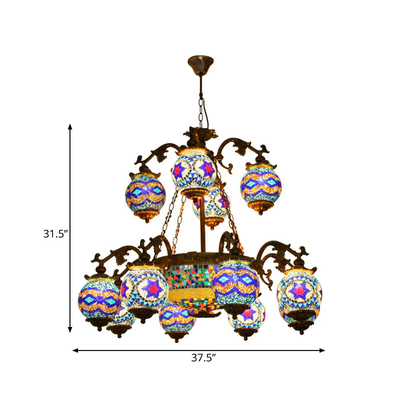 4/9/13 Bulbs Chandelier Lighting Traditional Radial Stained Glass Ceiling Hang Fixture In Brass