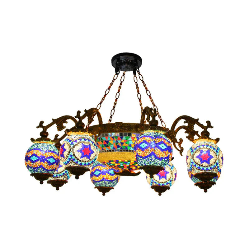 4/9/13 Bulbs Chandelier Lighting Traditional Radial Stained Glass Ceiling Hang Fixture In Brass