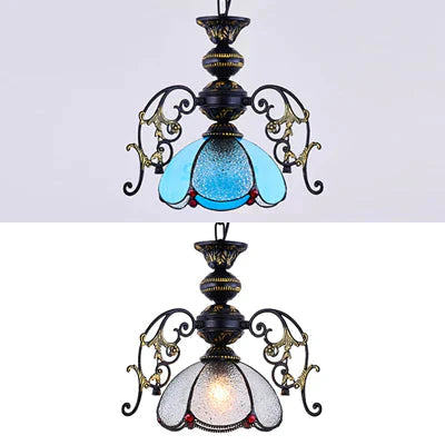 Vintage Tiffany Petal Pendant Lamp Black Finish 1 Light Stained Glass Foyer Hanging In Clear/Blue