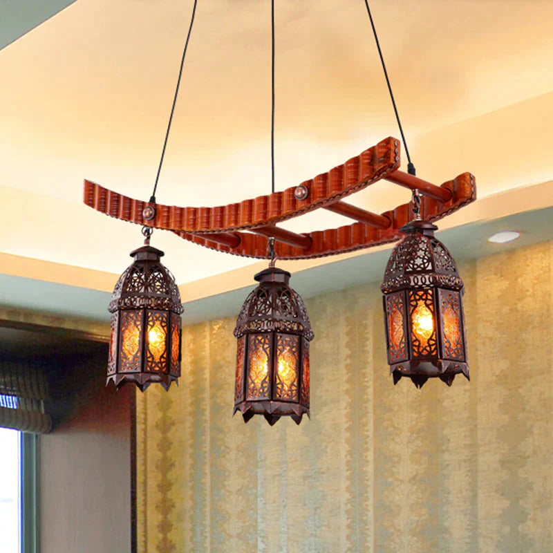 Wood Lantern Pendant Chandelier Arab Metal 3 Bulbs Dining Room Ceiling Suspension Lamp