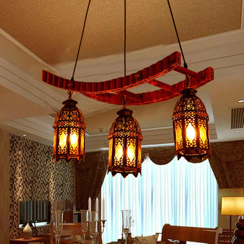 Wood Lantern Pendant Chandelier Arab Metal 3 Bulbs Dining Room Ceiling Suspension Lamp