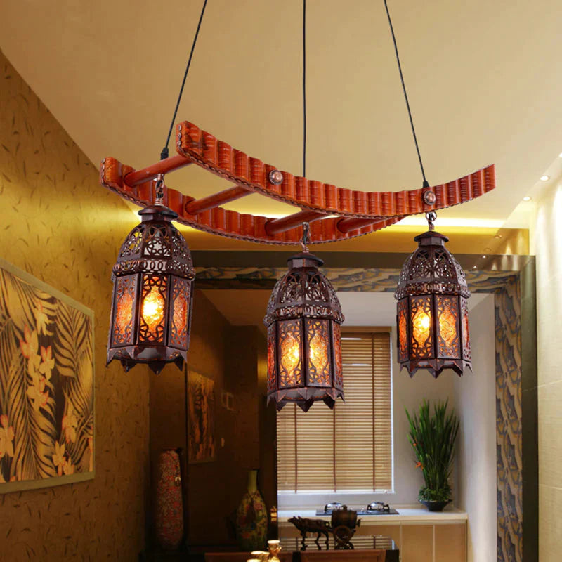 Wood Lantern Pendant Chandelier Arab Metal 3 Bulbs Dining Room Ceiling Suspension Lamp