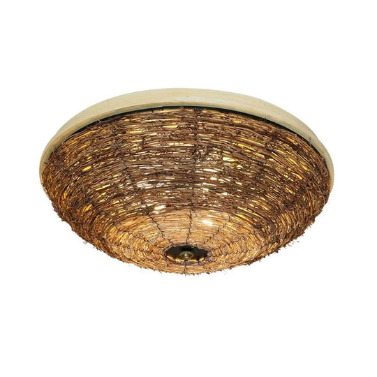 Bowl Rattan Shade Asian Brown Flush Mount Ceiling Light With 3 Bulbs For Dining Room