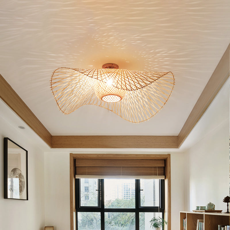Hand - Worked Bamboo Semi - Flush Mount Light - Japanese Style 2 - Bulb Close To Ceiling Lighting