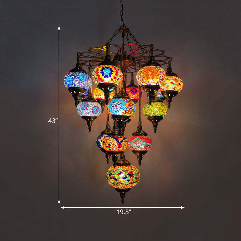 16 Heads Yellow Sphere Shaped Pendant Chandelier Vintage Stained Glass Living Room Hanging Light