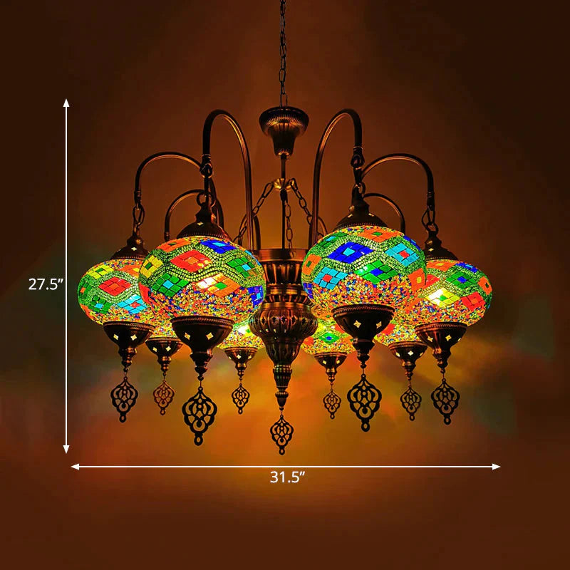 Oval Stained Glass Chandelier Light Fixture Traditional 9 Heads Dining Room Hanging Lamp Kit In