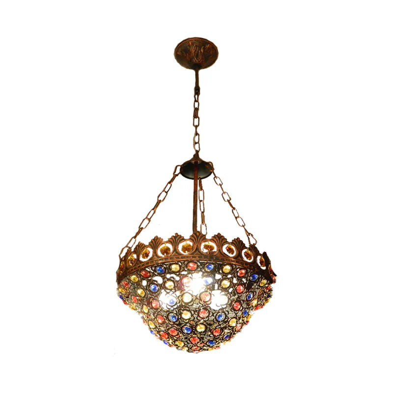 Copper Ceiling Chandelier Bowl 3 Bulbs Art Deco Down Lighting Pendant For Dining Room