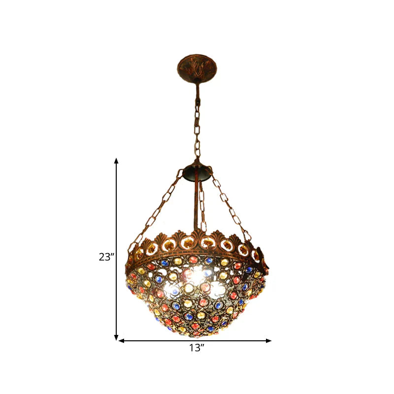 Copper Ceiling Chandelier Bowl 3 Bulbs Art Deco Down Lighting Pendant For Dining Room