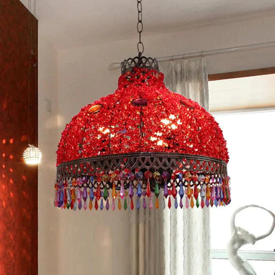 3/6 Bulbs Hanging Chandelier Art Deco Dome Metal Pendant Light Fixture In White/Beige/Red For