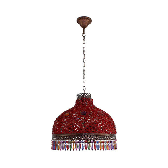 3/6 Bulbs Hanging Chandelier Art Deco Dome Metal Pendant Light Fixture In White/Beige/Red For