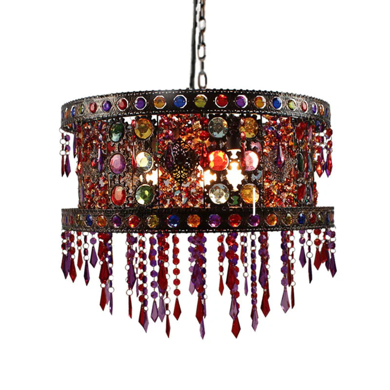 Drum Living Room Ceiling Chandelier Bohemian Metal 3 Lights Bronze Hanging Lamp Kit With Crystal
